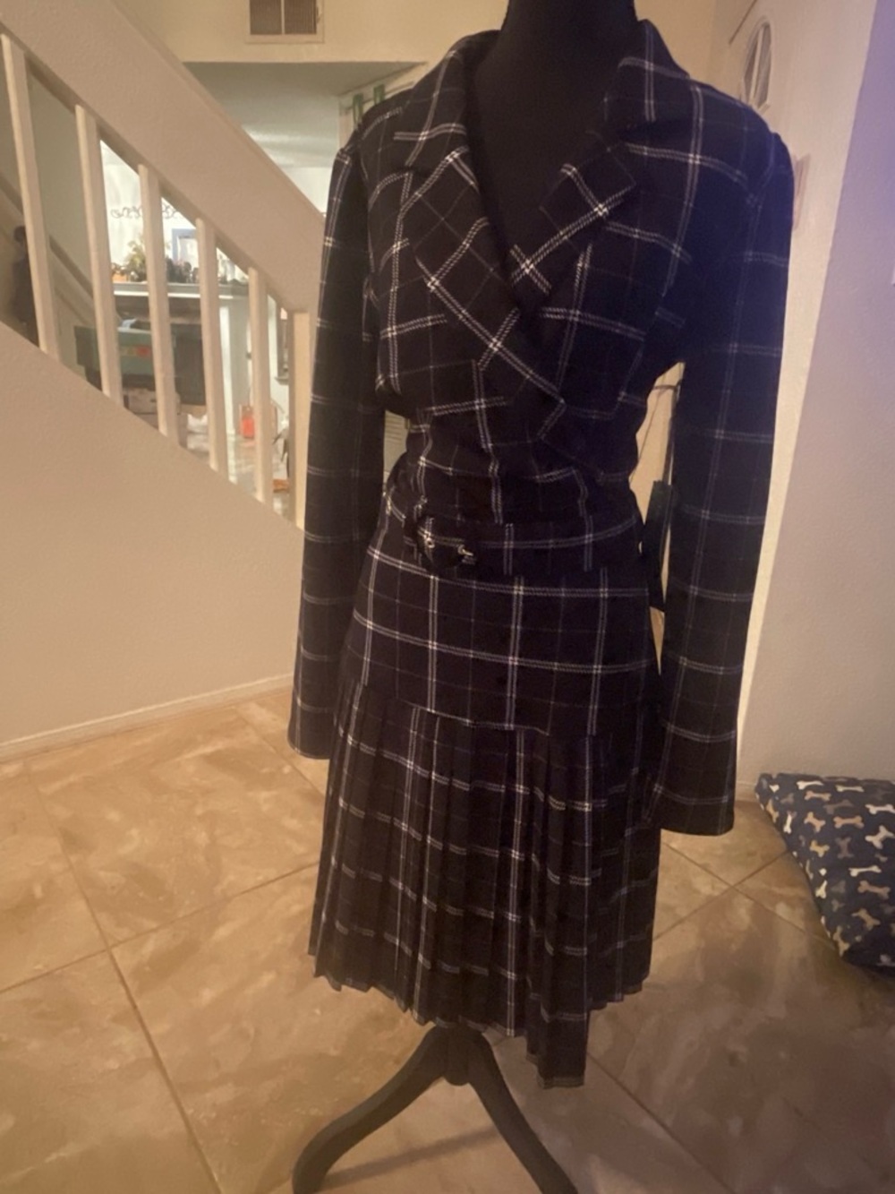 Black Plaid Belted Long-Sleeve Dress